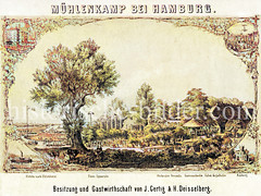 Ausflugslokal am Mühlenkamp in Hamburg Winterhude - ca. 1865; der Lotteriebesitzer Julius Gertig kaufte dort eine alte Hofstelle  und baute diese im Laufe der Jahre zu einem riesigen Ausflugslokal aus. Als besondere Attraktionen galten Tanzverans