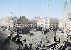 Altes Bild vom Hamburger Rödingsmarkt, ca. 1910 - Pferdedroschken / -fuhrwerke mit Ladung - Straßenbahnen.