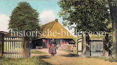 Fachwerkhaus mit Reet gedeckt - kolorierte Darstellung von Hamburg Curslack / Vierlande um 1905.