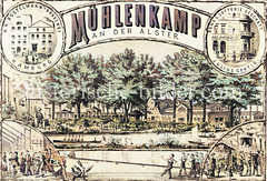 Ausflugslokal am Mühlenkamp in Hamburg Winterhude - ca. 1865; der Lotteriebesitzer Julius Gertig kaufte dort eine alte Hofstelle  und baute diese im Laufe der Jahre zu einem riesigen Ausflugslokal aus. Als besondere Attraktionen galten Tanzverans