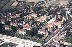 Historische Luftansicht vom  Allgemeinen Krankenhaus in Hamburg Barmbek. Das Krankenhaus wurde 1913 eröffnet, es bestand aus über 60 Einzelgebäuden in Pavillonbauweise und hatte über 2000 Betten.