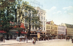 Historische Straßenansicht der Wilstorfer Straße in Harburg - Fuhrwerk mit Milchkannen und Hotel Deutsches Haus, ca. 1906.