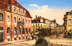 Historische Ansicht von der Bremer Straße in Harburg an der Elbe, ein Pferdefuhrwerk steht am Straßenrand.