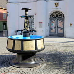 Die Hansestadt Wolgast     ist eine Stadt   im Landkreis Mecklenburg-Vorpommern;  Brunnen vor dem Rathaus, Kurt Baer 1936.
