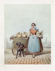 Ein Milchmädchen in Antwerpen transportiert die Milchkrüge in einem Karren, der von einem Hund gezogen wird.