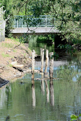 Lauf vom Neuen Kanal im Gemeindegebiet von Lüblow; Straßenbrücke - Reste eines Holzstegs, Steintreppe ins Wasser.