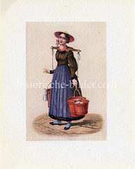 Milchmädchen aus Hamburg Altenwerder - die Frau transportiert die Milch in Holzeimern mit einem Tragejoch.