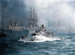 Ein Schlepper fährt bei Sturm auf der Elbe, die Gischt am Bug  des Schiffes spritzt hoch auf - links ein Tuckerboot, dahinter ein Dampfer und Segelschiffe.