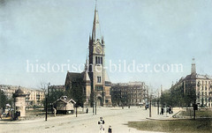 Historische colorierte Aufnahme der Apostelkirche in Hamburg Eimsbüttel. Die Kirche wurde 1894 geweiht - Entwurf Erwin von Melle und Peter Gottlob Jürgensen.
