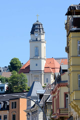 Aue ist seit  2019 ein Ortsteil der Großen Kreisstadt Aue-Bad Schlema im Erzgebirgskreis in Sachsen; Kirchturm der Friedenskirche, geweiht 1914.