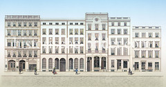 Historische Ansicht vom Hopfenmarkt - Neubauten in der Hamburger Altstadt nach dem Hamburger Brand von 1842; Geschäfte, Schlachter mit Schweinehälften im Schaufenster.