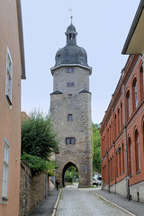 Arnstadt, auch als Bachstadt Arnstadt bezeichnet, ist eine Kreisstadt in  Thüringen;  Riedtor, Torturm - Teil der historischen Stadtbefestigung.