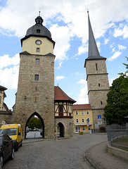 Arnstadt, auch als Bachstadt Arnstadt bezeichnet, ist eine Kreisstadt in  Thüringen;  Riedtor und Jacobsturm - Reste der Stadtbefestigung.