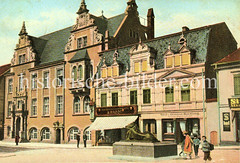Historische Ansicht von Eberswalde im Landkreis Barnim im Bundesland Brandenburg; Marktplatz mit Rathaus -  Geschäfte, Obst- und Gemüsehandlung.