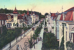 Historische Ansicht von Eberswalde im Landkreis Barnim im Bundesland Brandenburg; Einzelhäuser, Villen mit Giebeltürmen in der Donopstraße.