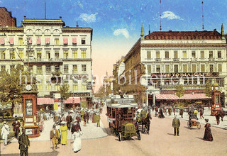 Historische Ansichten von Berlin; Autobus auf der Friedrichstraße / Unter den Linden - Victoria Café, Lastfahrrad und Normaluhren.