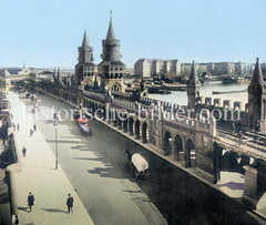 Historische Ansichten von Berlin; Ansicht der Oberbaumbrücke über die Spree - Pferdefuhrwerke.