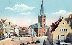 Altes Motiv vom Kieler Marktplatz - Geschäftshäuser und Autos, Nikolaikirche.
