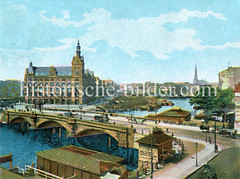 Historische Ansichten von Berlin; Waisenbrücke mit Hafenanlagen an der Spree.
