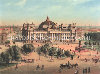 Historische Ansichten von Berlin; Reichstagsgebäude, erbaut , 1894 - Architekt Paul Wallot - Pferdekutschen und Reiter, ca. 1900.