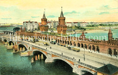 Historische Ansichten von Berlin; Ansicht der Oberbaumbrücke über die Spree - Pferdefuhrwerke, Hochbahn.