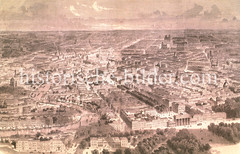 Historische Ansichten von Berlin; Luftaufnahme der Stadt - re. im Vordergrund das Brandenburger Tor, ca. 1890.
