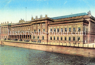 Historische Ansichten von Berlin; Gebäude der Börse an der Spree, Pferdedroschken.