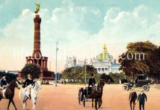 Historische Ansichten von Berlin; Reiter, Pferdedroschke und Automobile vor der Siegessäule - im Hintergrund das Reichstagsgebäude.