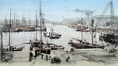 Historische Ansicht vom Handelshafen und der Krupp`schen Werft, ca. 1900; Segelschiffe und Pferdefuhrwerk.