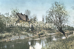 Historische Bilder vom Fluss Lühe im Landkreis Stade in Niedersachsen; blühende Obstbäume, Flussufer bei Niedrigwasser.
