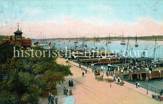 Historische Ansicht der Kieler Seegartenbrücke an der Förde - Ausflugsschiffe, Pferdefuhrwerk.