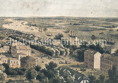 Bilder von der Schellfischbahn / vom Schellfischtunnel in Altona; alte Luftdarstellung von Altona und der Elbe - Blick auf die Palmaille - davor ein Pferdetransport, der von der Schiefen Ebene kommt, ca. 1860.