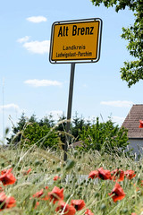 Blühender Mohn, Ortsschild - Fotos von Alt Brenz, Ortsteil der Gemeinde Brenz  im Landkreis Ludwigslust-Parchim in Mecklenburg-Vorpommern.