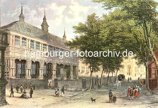 Gebäude der Alten Börse  an der Zollenbrücke, Trostbrücke in der Hamburger Altstadt, ca. 1840.