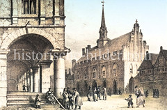 Kolorierte historische Ansicht vom Marktplatz und dem Rathaus von Marienburg um 1840.