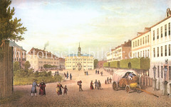 Historische Ansicht vom Marktplatz in Elbing um 1845 - Rathaus mit Dachreiter,  Spalierbäume und Pferdefuhrwerk.