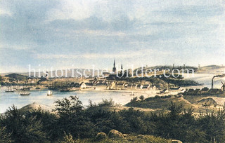 Historisches Motiv von Flensburg, Blick über die Flensburger Förde zur Stadt und dem Hafen (ca. 1860)