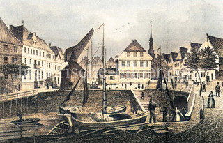 Historische Ansicht vom Fischmarkt und Hafen Stades - Ewer liegen am Kai, Holzkran (ca. 1848).