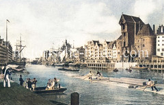 Historisches Motiv vom Krantor an der Oder in Danzig - Holzflößer und Segelschiff auf dem Fluss, eine kleine Fähre wartet auf die Überfahrt ( ca. 1835).