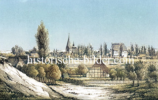 Historisches Panorama von Bützow - Kirche und Fachwerkgebäude (ca. 1845).