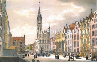 Historische Darstellung vom Langen Markt (Długi Targ)  in Danzig um 1852, Rathaus mit Neptunbrunnen und Artushof (Dwór Artusa).