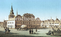 Historische Ansicht vom Marktplatz Güstrows, ca. 1842; Marktfrauen, Reiter und Fuhrwerk mit Ladung