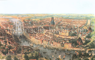 Historische Luftansicht von Stettin um 1865, Blick auf die Hafenanlagen an der Oder und die Stadt.