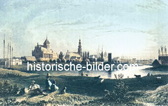 Historisches Panorama von Greifswald - Blick über den Ryck zu der Kirche St. Marien  und  dem Dom St. Nikolai (ca. 1840)