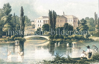 Historische Ansicht zur Rückseite Schloss Putbus, Schwäne auf dem Teich - Jungs mit Angel. (ca. 1845)