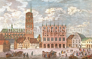 Historische Ansicht vom Marktplatz in Stralsund mit Rathaus und Nikolaikirche; Marktstände und Pferdefuhrwerk. (ca. 1850)