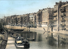 Schuten   am Kaiser Friedrich Ufer des Isebekkanals, re. Etagenhäuser der Bismarckstraße - historisches Foto aus dem Hambuger Stadtteil Eimsbüttel, Bezirk Hamburg-Eimsbüttel