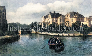 Blick über die Alster zur Mündung des Isebek-Kanals, re. Villen an der Heilwigstraße  - historisches  Foto aus dem Hamburger Stadtteil Harvestehude, Bezirk Eimsbüttel.