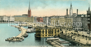 Blick auf den Alsterpavillon am Jungfernstieg, im Hintergrund der Alsterdamm   - historisches Foto aus dem Hambuger Stadtteil Neustadt, Bezirk Hamburg Mitte.