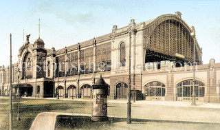 Empfangsgebäude, Bahnhof Dammtor / Litfaßsäule - historisches Bild aus dem Hamburger Stadtteil Rotherbaum, Bezirk Hamburg Eimsbüttel